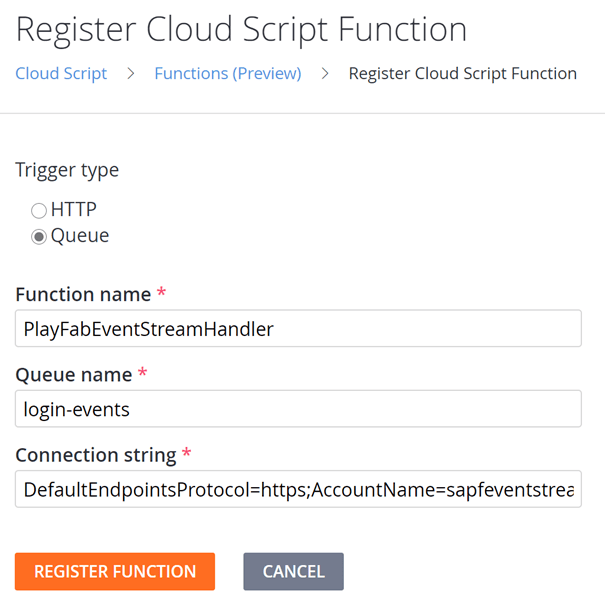 PlayFab: Registering an Azure Function with QueueTrigger