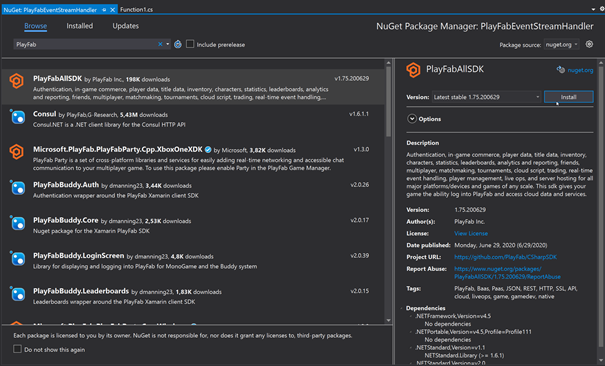 NuGet browser: Install PlayFab SDK