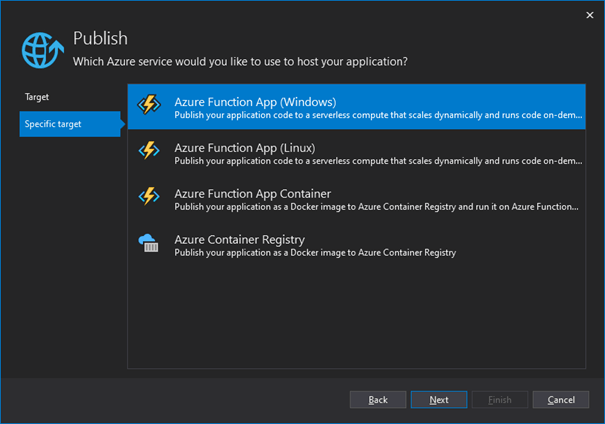 Publish - Select Azure Functions (Windows)