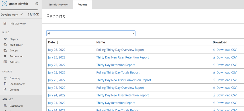 Screenshot of the Reports overview UI